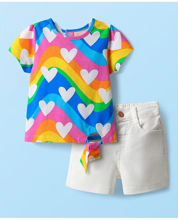 Babyhug Single Jersey Knit Half Sleeves Top & Shorts Set with Heart & Rainbow Print - White & Blue