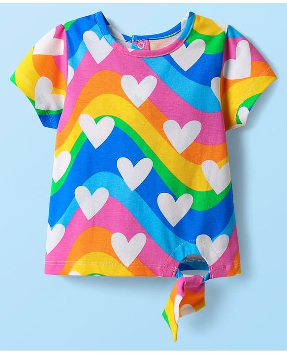 Babyhug Single Jersey Knit Half Sleeves Top & Shorts Set with Heart & Rainbow Print - White & Blue