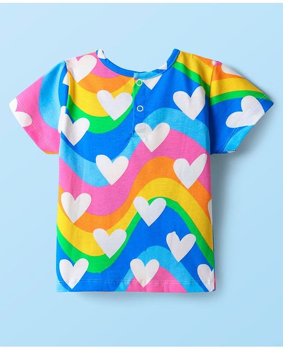 Babyhug Single Jersey Knit Half Sleeves Top & Shorts Set with Heart & Rainbow Print - White & Blue