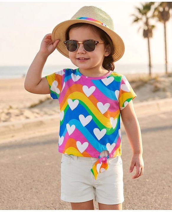 Babyhug Single Jersey Knit Half Sleeves Top & Shorts Set with Heart & Rainbow Print - White & Blue