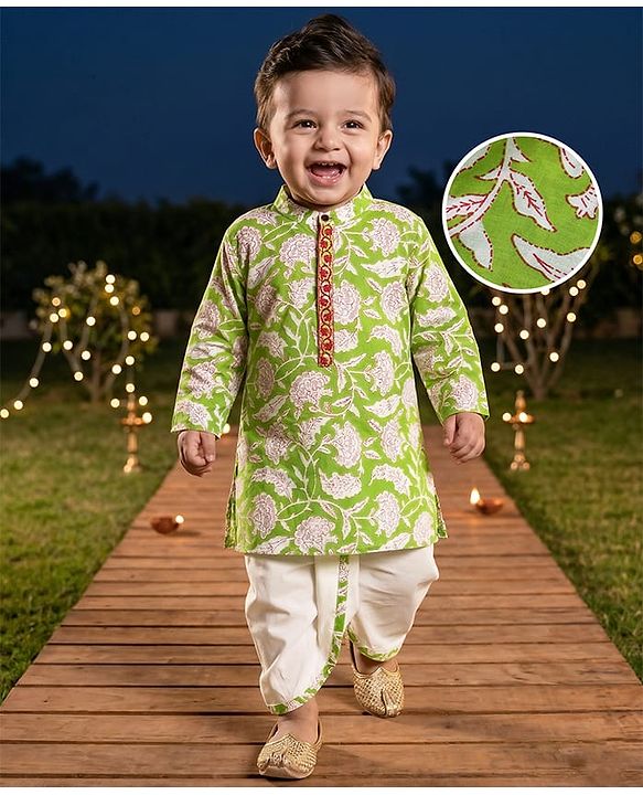 Babyhug Cotton Woven Full Sleeves Kurta Dhoti Set with Floral Print - Green