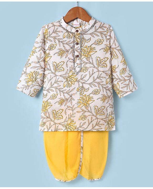 Babyhug Cotton Woven Full Sleeves Kurta Dhoti Set With Floral Print - White & Yellow