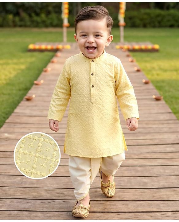 Babyhug Cotton Woven Full Sleeves Dhoti Kurta Set With Textured Design - Yellow