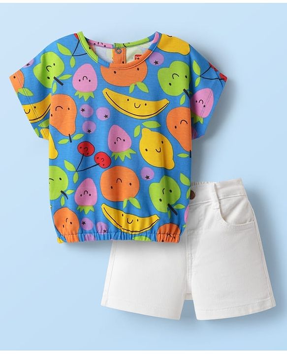 Babyhug Single Jersey Knit Half Sleeves Top & Shorts Set with Tropical Print - White & Blue