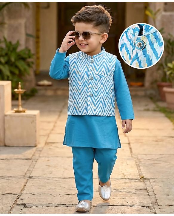 Babyhug Cotton Woven Full Sleeves Kurta Pyjama Set With Printed Waistcoat - Teal Blue