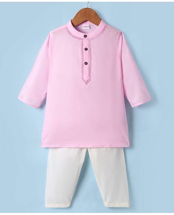 Babyhug Woven Full Sleeves Solid Colour Kurta Pajama Set - Pink & White
