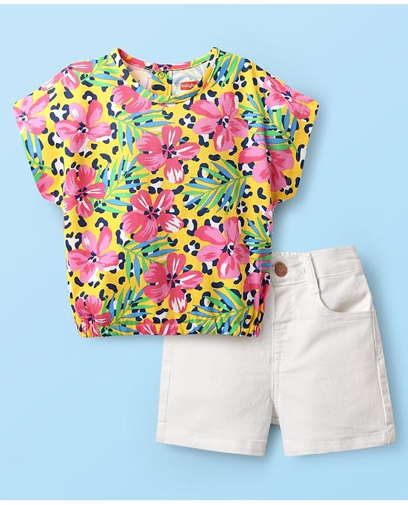 Babyhug Single Jersey Knit Half Sleeves Top & Shorts With Floral Print - Pink & White