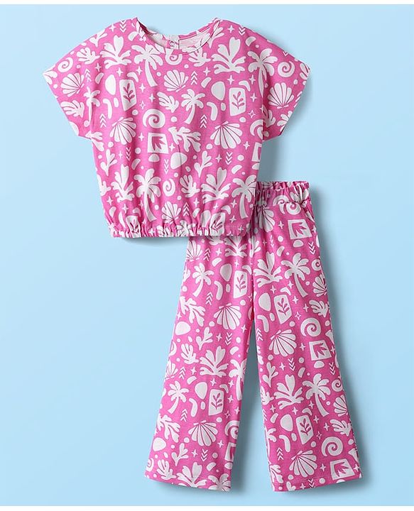 Babyhug Single Jersey Knit Half Sleeves Co-ords Top & Culottes Set With Tropical Theme Print - Pink