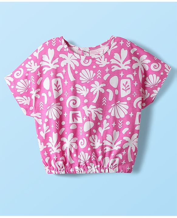 Babyhug Single Jersey Knit Half Sleeves Co-ords Top & Culottes Set With Tropical Theme Print - Pink
