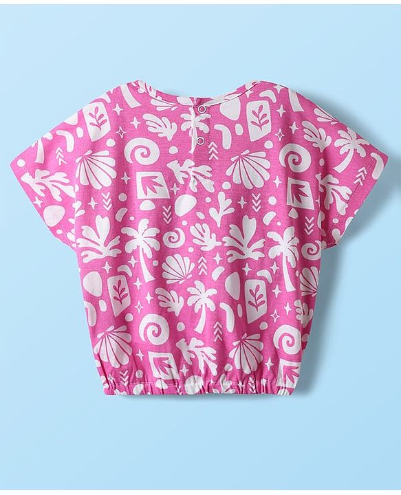Babyhug Single Jersey Knit Half Sleeves Co-ords Top & Culottes Set With Tropical Theme Print - Pink