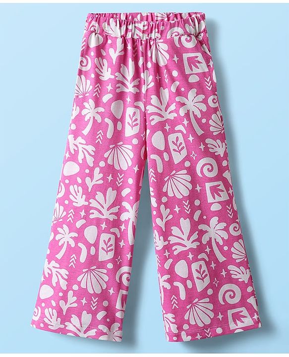 Babyhug Single Jersey Knit Half Sleeves Co-ords Top & Culottes Set With Tropical Theme Print - Pink