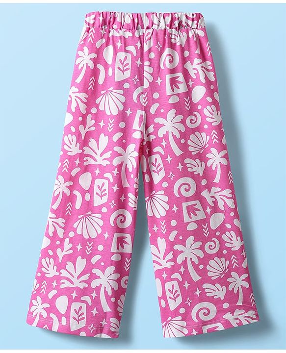 Babyhug Single Jersey Knit Half Sleeves Co-ords Top & Culottes Set With Tropical Theme Print - Pink
