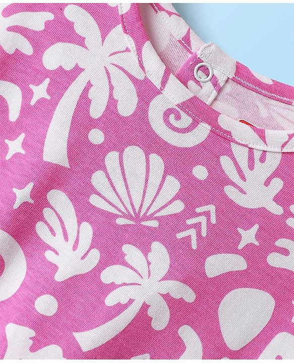 Babyhug Single Jersey Knit Half Sleeves Co-ords Top & Culottes Set With Tropical Theme Print - Pink