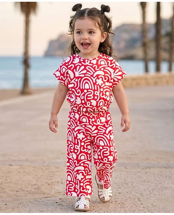 Babyhug Single Jersey Knit Half Sleeves Co-ords Top & Culottes Set With Abstract Print - Red