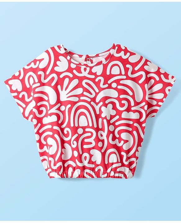 Babyhug Single Jersey Knit Half Sleeves Co-ords Top & Culottes Set With Abstract Print - Red
