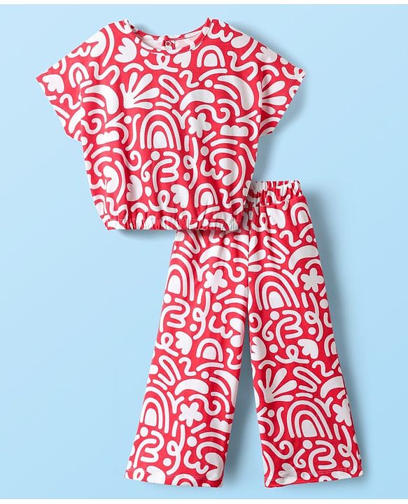 Babyhug Single Jersey Knit Half Sleeves Co-ords Top & Culottes Set With Abstract Print - Red