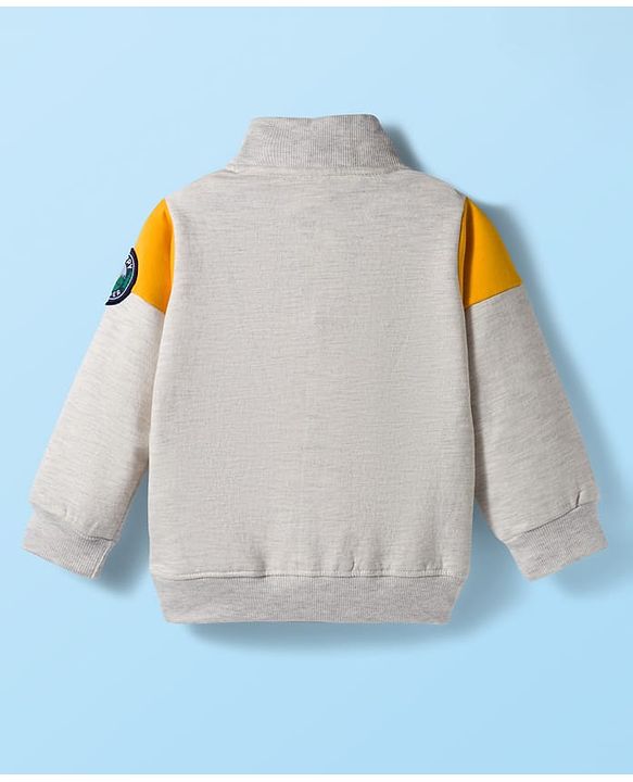 Babyhug Fleece Knit Full Sleeves Sweatshirt With Patch Detailing & Kangaroo Pockets - Light Grey