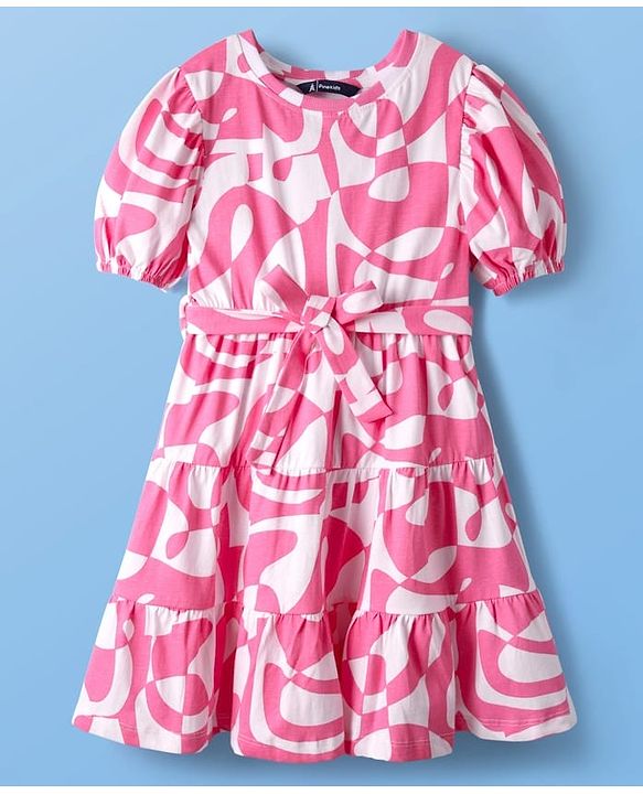Pine Kids Cotton Knit Puffed Sleeves Frock With Abstract Print - Pink