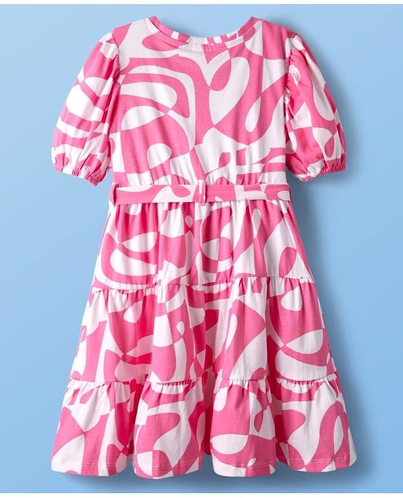 Pine Kids Cotton Knit Puffed Sleeves Frock With Abstract Print - Pink