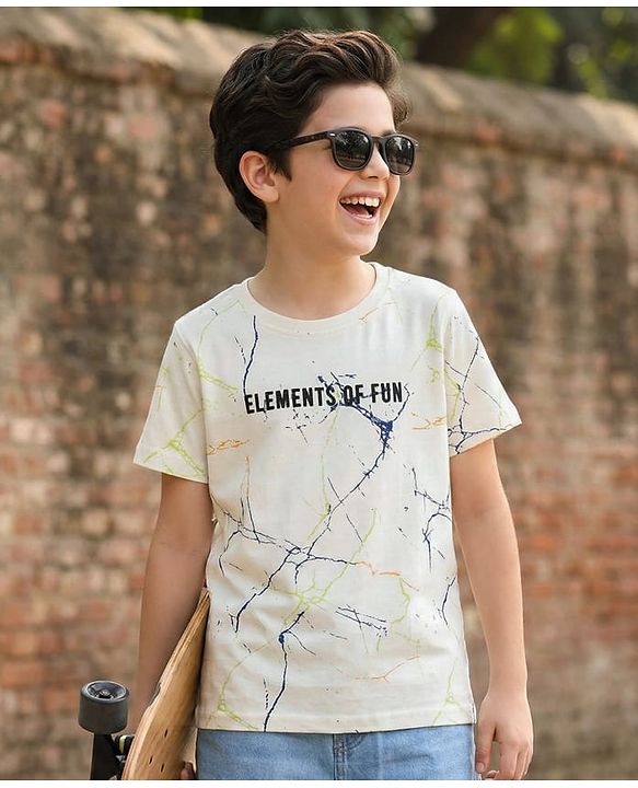 Pine Kids Cotton Knit Half Sleeves T-Shirt with Elements Of Fun Text Print - Off White