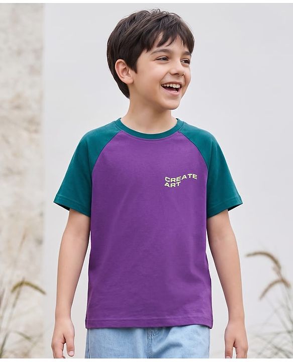Pine Kids Cotton Knit Raglan Sleeves T-Shirt With Text Print - Purple