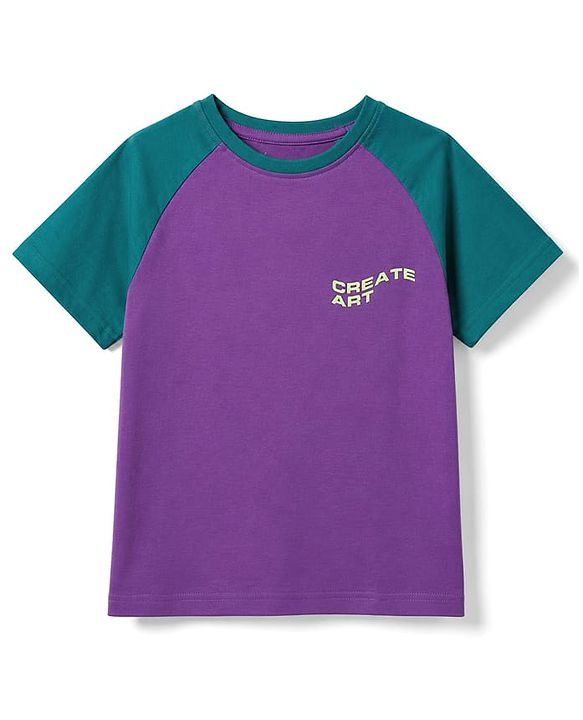 Pine Kids Cotton Knit Raglan Sleeves T-Shirt With Text Print - Purple