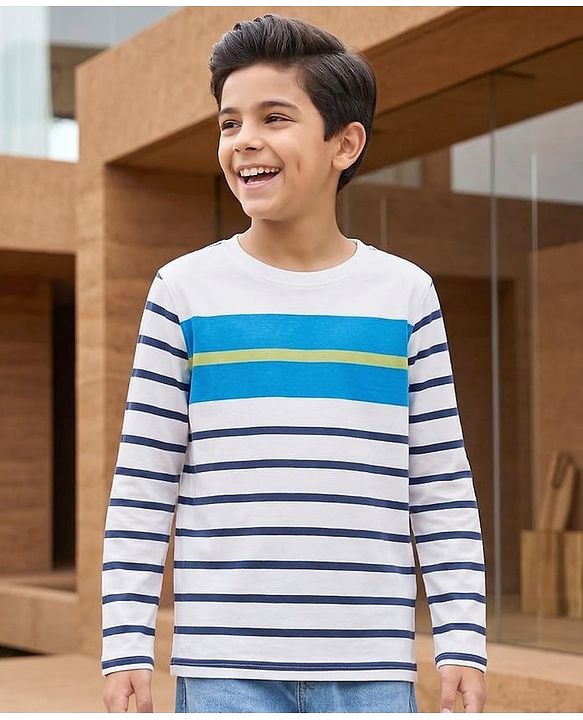 Pine Kids Cotton Knit Full Sleeves T-Shirt With Stripes - White & Navy Blue