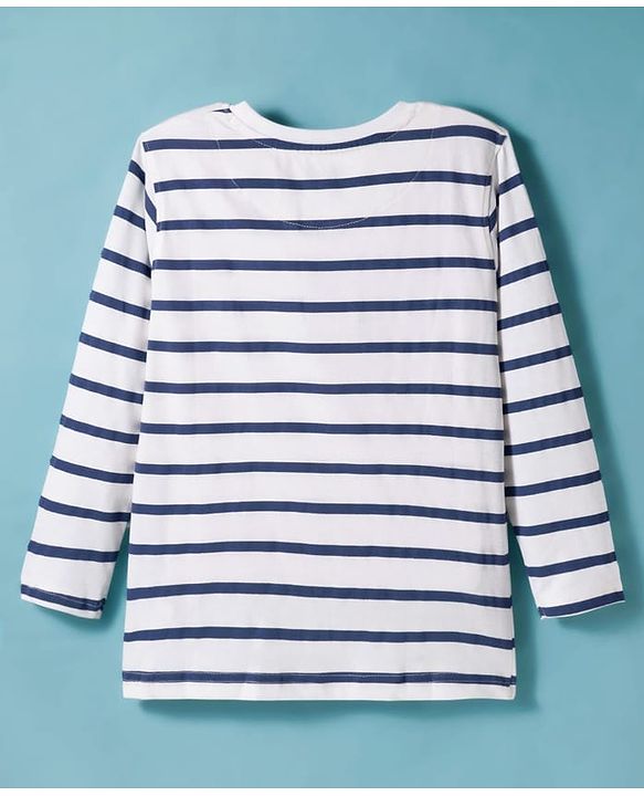 Pine Kids Cotton Knit Full Sleeves T-Shirt With Stripes - White & Navy Blue