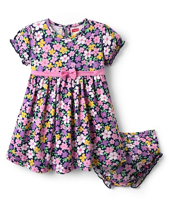Babyhug 100% Cotton Half Sleeves Floral Printed Frock With Bloomer - Multicolour