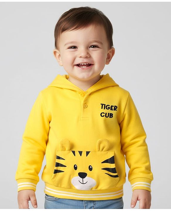 Babyhug Cotton Knit Full Sleeves Hooded Sweatshirt with Tiger Print & Kangaroo Pocket - Yellow