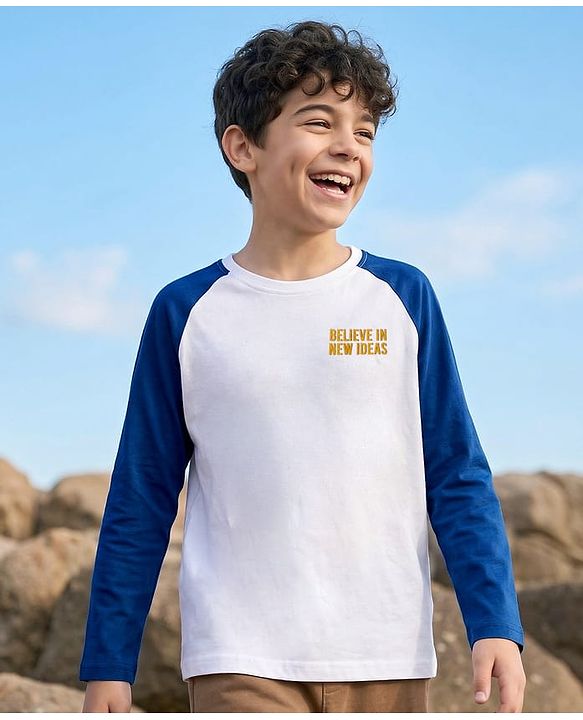 Pine Kids Cotton Knit Full Raglan Sleeves T-Shirt With Believe In New Idea Text Print - Navy Blue & White