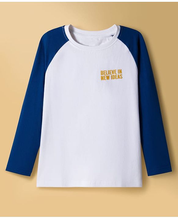 Pine Kids Cotton Knit Full Raglan Sleeves T-Shirt With Believe In New Idea Text Print - Navy Blue & White