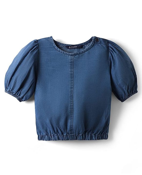Pine Kids Cotton Woven Half Puffed Sleeves Solid Color Top - Navy Blue