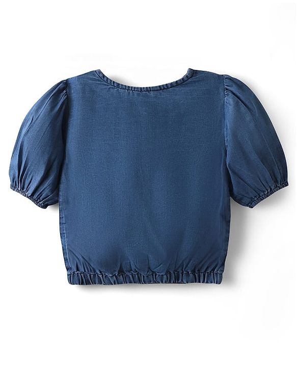 Pine Kids Cotton Woven Half Puffed Sleeves Solid Color Top - Navy Blue