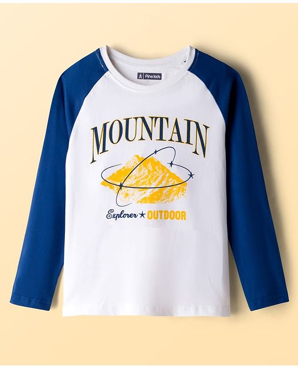Pine Kids Cotton Knit Full Raglan Sleeves T-Shirt With Mountain Text Print - Navy Blue & White