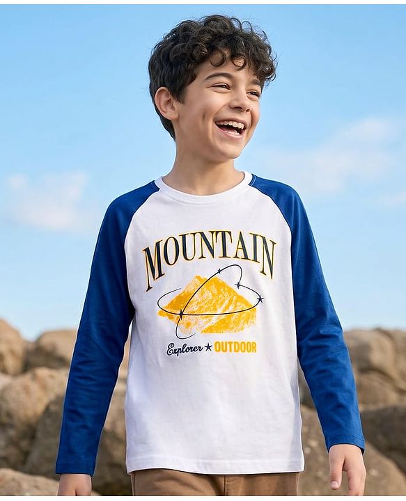 Pine Kids Cotton Knit Full Raglan Sleeves T-Shirt With Mountain Text Print - Navy Blue & White