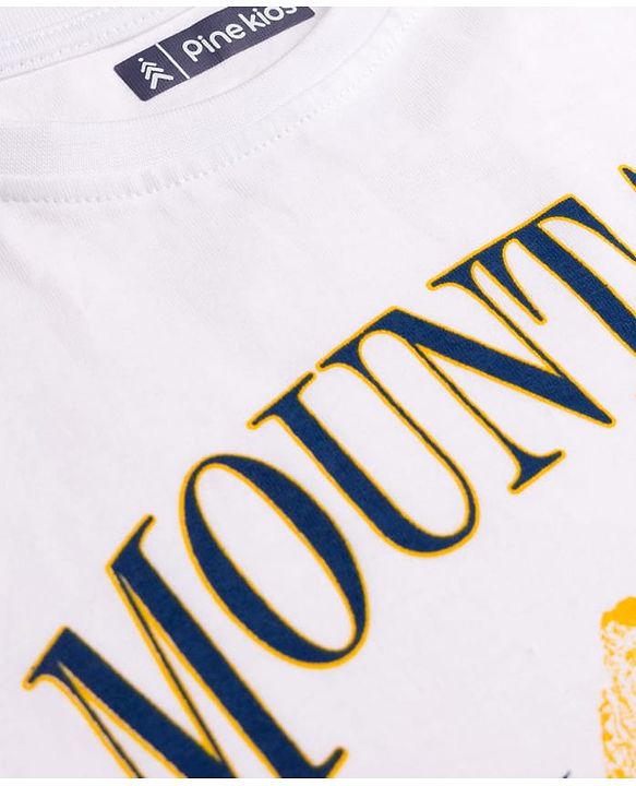 Pine Kids Cotton Knit Full Raglan Sleeves T-Shirt With Mountain Text Print - Navy Blue & White