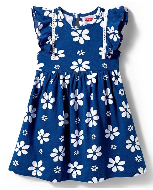 Babyhug Single Jersey Knit Frill Sleeves Frock with Floral Print - Blue