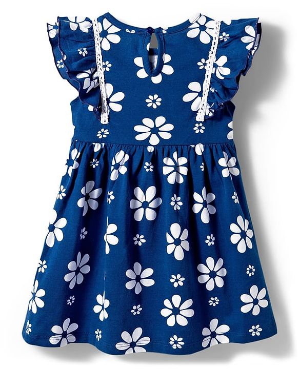 Babyhug Single Jersey Knit Frill Sleeves Frock with Floral Print - Blue