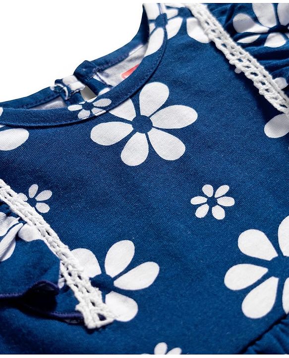 Babyhug Single Jersey Knit Frill Sleeves Frock with Floral Print - Blue