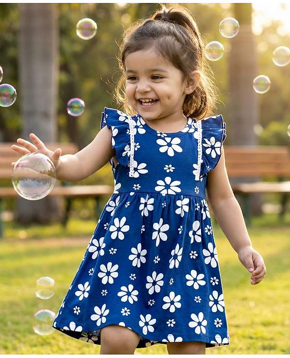 Babyhug Single Jersey Knit Frill Sleeves Frock with Floral Print - Blue