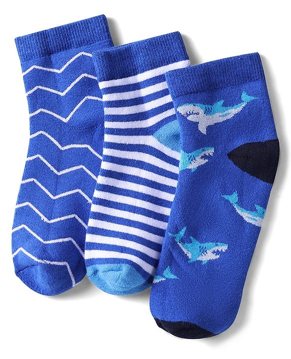 Pine Kids Cotton Knit Ankle Length Socks With Stripes & Fish Pack Of 3 (Colour May Vary)