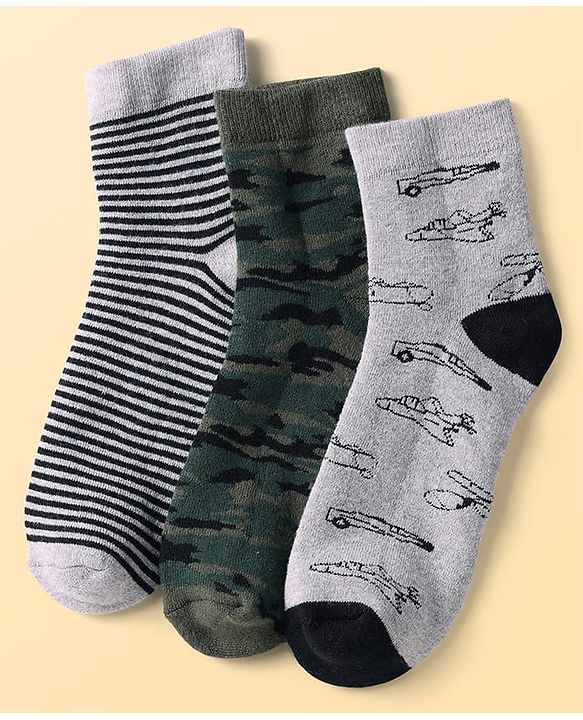 Pine Kids Knit Ankle Length Silvadur Antimicrobial Socks with Stripes & Airplane Design Pack of 3 - Color May Vary