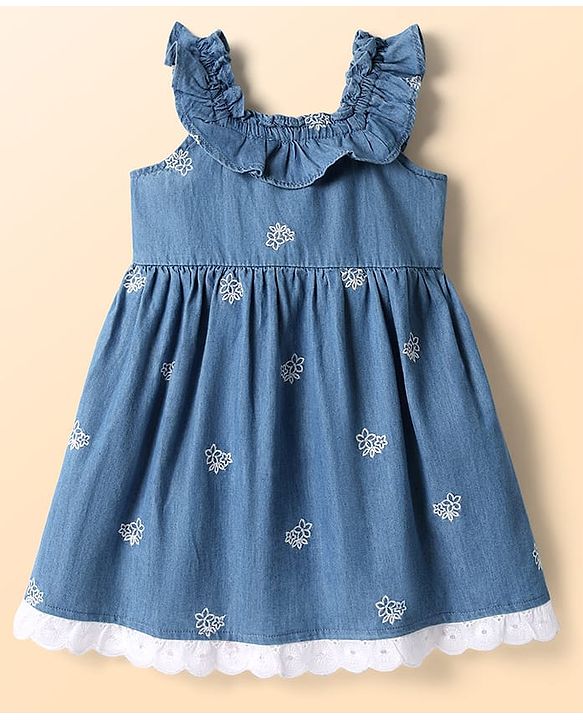 Babyhug Cotton Woven Sleeveless Frock With Floral Embroidery - Blue