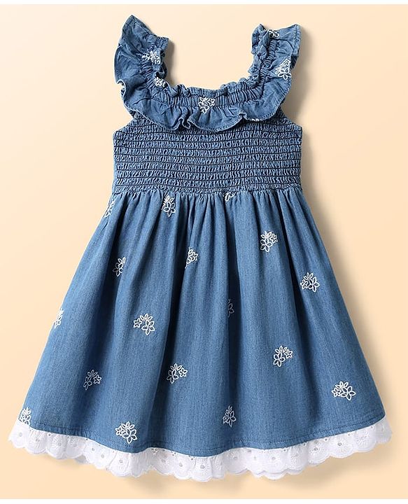 Babyhug Cotton Woven Sleeveless Frock With Floral Embroidery - Blue