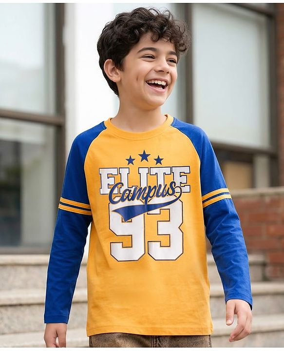 Pine Kids Cotton Knit Full Raglan Sleeves T-Shirt With Elite Text Print - Navy Blue & Yellow