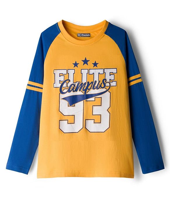 Pine Kids Cotton Knit Full Raglan Sleeves T-Shirt With Elite Text Print - Navy Blue & Yellow