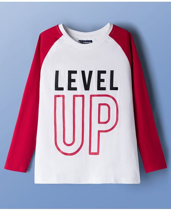 Pine Kids Cotton Knit Full Raglan Sleeves T-Shirt With Level Up Text Print - Red & White