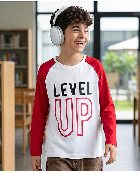 Pine Kids Cotton Knit Full Raglan Sleeves T-Shirt With Level Up Text Print - Red & White