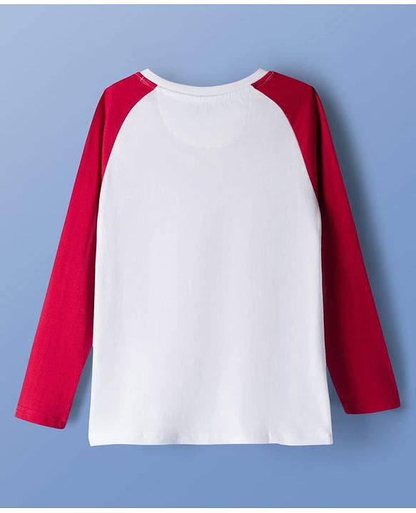 Pine Kids Cotton Knit Full Raglan Sleeves T-Shirt With Level Up Text Print - Red & White